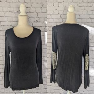 POL Boutique Acid Wash Long Sleeve Sequin Elbow Patch Top Women's Small